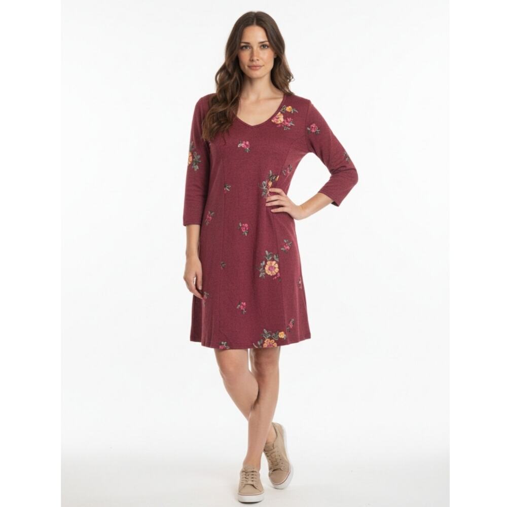 Ana & Rose Wine Multi Floral Embroidered Knee-Length Dress